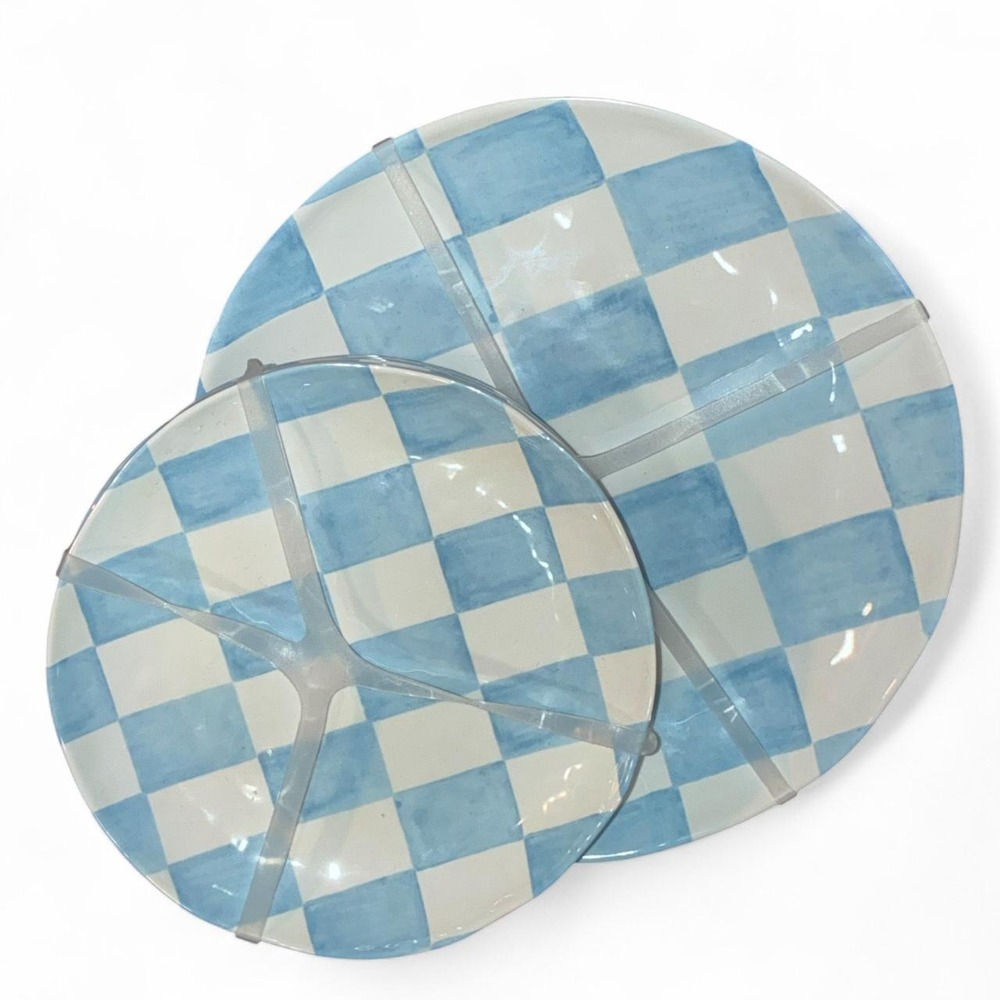 Blue Checkered Melamine Plate Set 8pc Coastal Grandmillennial Mackenzie Style